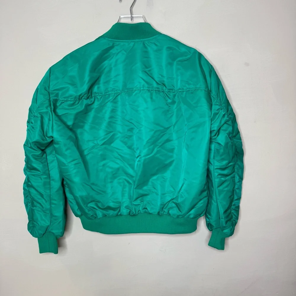Miss Selfridge ruched sleeve bomber jacket bright green silver zipper size 4 - Picture 6 of 14